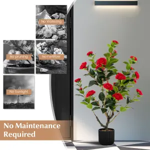 Costway Artificial Camellia Tree Faux Flower Plant Artificial Tree in Cement Pot Greenery Potted Plant Free Maintenance