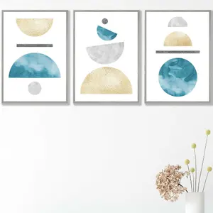 Set of 3 Yellow and Aqua Blue Abstract Mid Century Geometric Wall Art Prints / 42x59cm (A2) / Light Grey Frame