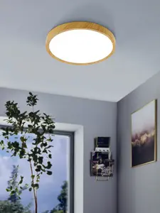 Flush Ceiling Light Colour Natural Wood Look Shade White Plastic Bulb LED 33.5W