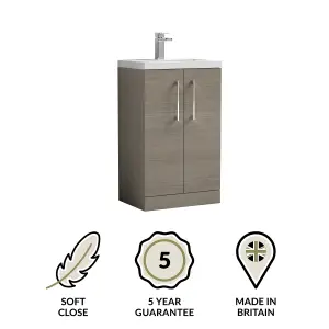 Compact Floor Standing 2 Door Vanity Basin Unit with Polymarble Basin - 500mm - Woodgrain Solace Oak