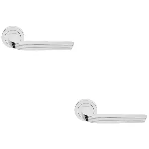 2 PACK - Premium Art Deco Door Handle Set - Polished Chrome Reeded Lever on Round Rose