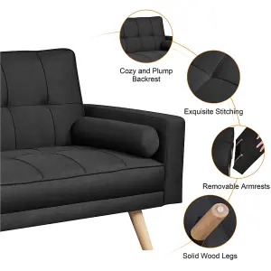 Yaheetech Black Fabric Upholstered 3 Seater Convertible Sofa Bed with Armrests and 2 Bolster Pillows