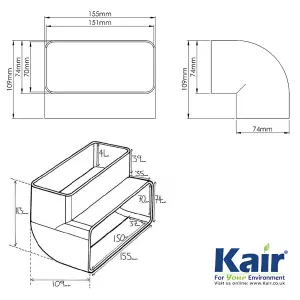 Kair 90 Degree Vertical Elbow Bend 150mm x 70mm - 6 x 3 inch Rectangular Plastic Ducting Adaptor