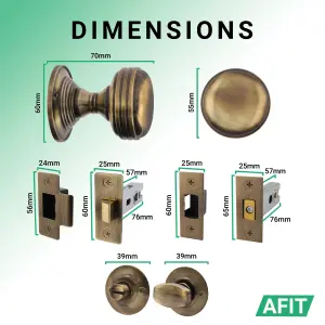 AFIT Lined Door Knob Set Antique Brass - 1 Pair of Mortice Knobs (55mm), Latch & Deadbolt Kit (76mm) & Turn & Release for Internal