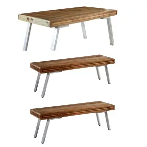 Retro Wood And Metal Medium Dining Table With 2 Benches