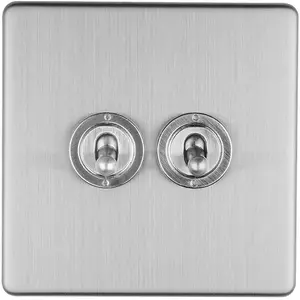 2 Gang Double Retro Toggle Light Switch SCREWLESS SATIN STEEL 10A 2 Way Lever