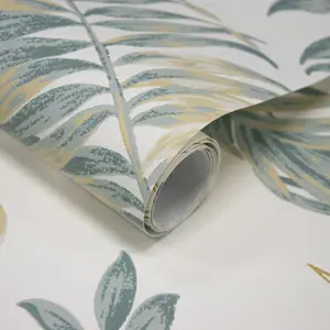 Grandeco Allison Palm Leaf Foliage Blown Vinyl Wallpaper, Neutral Green