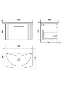 Retro 1 Drawer Wall Hung Vanity Unit with Curved 1 Tap Hole Ceramic Basin - 600mm - Satin Grey - Balterley