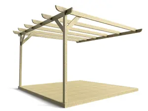 Wall mounted pergola and decking complete diy kit, Corbel design (3.6m x 3.6m, Light green (natural) finish)