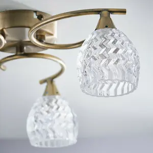 Semi Flush Ceiling Light Brass Textured Glass 3 Bulb Hanging Pendant Lamp Shade