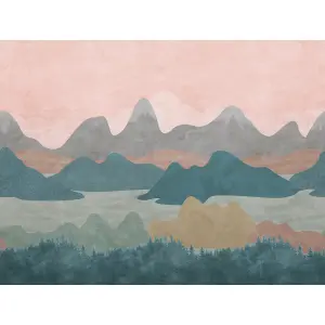 Grandeco Hills & Mountains Landscape 7 panel Repeatable Textured Mural,  2.8 x 3.71m Pink Teal