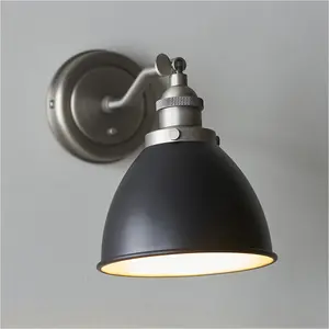 2 PACK Indoor Aged Pewter Plate Adjustable Wall Light - Matt Black Paint Shade - Dimmable 7W LED E14