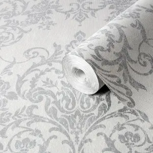 Boutique Victorian Grey Metallic effect Damask Embossed Wallpaper Sample