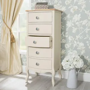 Juliette Champagne Shabby Chic 5 Drawer Tallboy with Crystal Handles