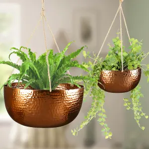 Set of 2 Hammered Copper Indoor Outdoor Hanging Planters