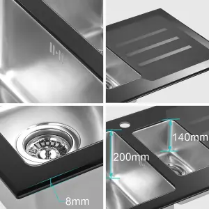 JASSFERRY Black Glass Top Kitchen Sink Stainless Steel 1.5 Deep Bowl Right Hand Drainer with Draining Groove