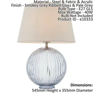 Table Lamp Smokey Grey Ribbed Glass & Pale Grey Cotton 40W E27 GLS