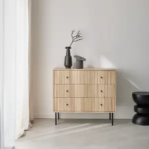 sweeek. 3-drawer chest with grooved wooden-effect Braga Natural 39x90x80.5 cm