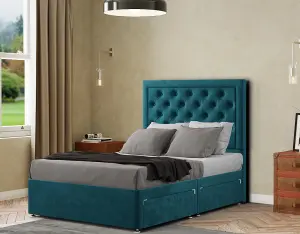 Castle Divan Bed 2 Drawers Floor Standing Headboard Matching Buttons Plush Emerald