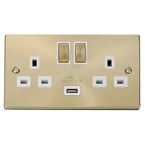 Satin / Brushed Brass 2 Gang 13A DP Ingot 1 USB Twin Double Switched Plug Socket - White Trim - SE Home