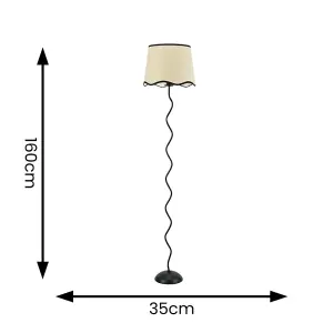 ValueLights Wiggle Black Metal Single Stem Floor Lamp with Linen Scallop Black Trim Tapered Shade