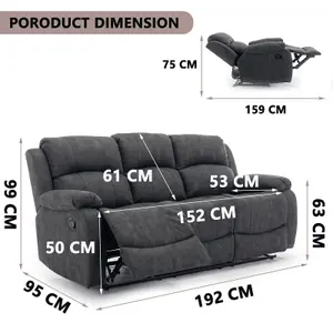 3 Seater Recliner Sofa, Manual Recliner Armchair Sofa 105 to 135 Degrees Recliner Padded Sofa - 3 Seaters