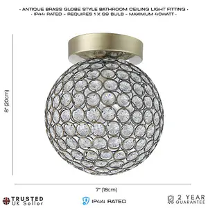 Modern Antique Brass and Clear Beaded Glass IP44 Rated Bathroom Ceiling Light