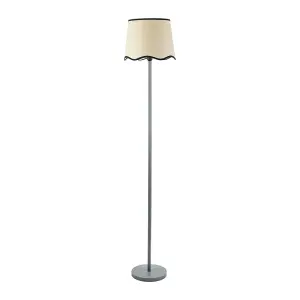 ValueLights Heather Grey Wood Stem Floor Lamp with Scallop Black Trim Tapered Shade and LED Bulb