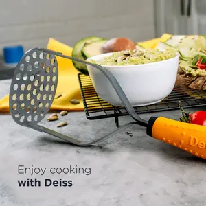 Deiss Pro Heavy Duty Stainless Steel Potato Masher with Non-Slip Rubber Handle Orange/Silver