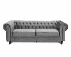 Chesterfield Pleat Velvet Fabric 3 Seater Sofa, Grey