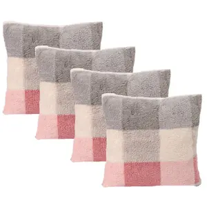 4 Pack Gingham Check Teddy Fleece Soft Cushion Covers, Blush - 45 x 45cm