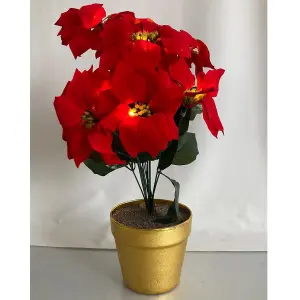 Artificial LED Red Poinsettia Plant in Gold Pot - Faux Realistic Floral Home Christmas Decoration with 10 Lights - H35 x 28cm