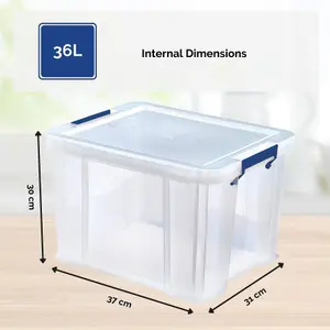 BANKERS BOX 36L Clear Plastic Storage Box with Lid - Super Strong Plastic Box 30 x 37 x 31cm