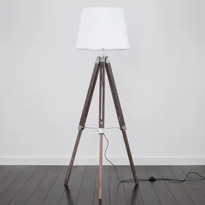 ValueLights Clipper Distressed Wood and Silver Chrome Tripod Floor Lamp with White Tapered Light Shade with 6w LED GLS Bulb