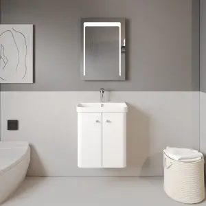 Wall Hung 2 Door Vanity Unit with Ceramic Sink - 500mm - Gloss White