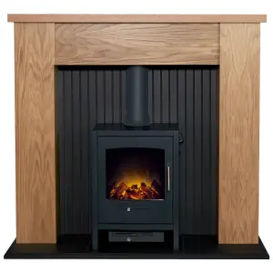 Adam New England Stove Fireplace in Oak & Black with Bergen Electric Stove in Charcoal Grey, 48 Inch