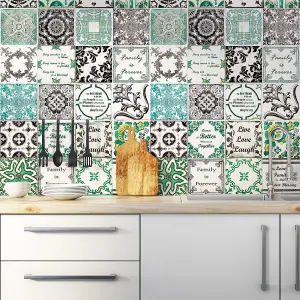 Walplus Green and Grey Vintage Combo Mix Tile Stickers