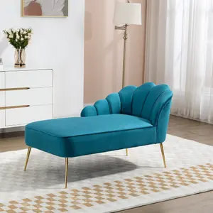 Lissone 130cm Wide Teal Velvet Fabric Shell Back Chaise Lounge Sofa with Golden Coloured Legs