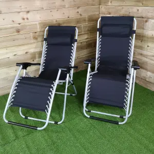 Pair of Multi Position Garden Gravity Relaxer Chair / Sun Lounger - BLACK/SILVER