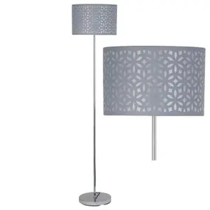 First Choice Lighting Chrome Stick Floor Lamp with Grey Laser Cut Shade