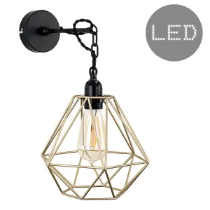 ValueLights Huber Satin Black Wall/Ceiling Light Fitting with Gold Metal Cage Shade and 4w LED Bulb In Warm White