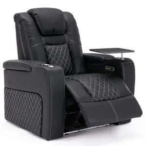 Broadway Cinema Electric Recliner Chair USB Charging Led Base With Tray (Black w White Stitching)