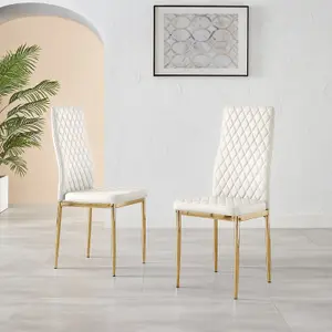 Set of 4 Milan White High Back Soft Touch Diamond Pattern Faux Leather Golden Chrome Metal Leg Dining Chairs