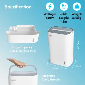 VonHaus Desiccant Dehumidifier 7L/Day, 24 Hr Timer, 3 Modes, Low Noise, for Damp/Condensation, Laundry Drying, Mould/Smell Control