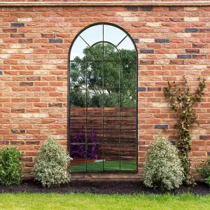 MirrorOutlet Arcus - Antique Black Framed Arched Window Garden Mirror 71"x33.5" 180 x 85CM