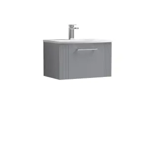 Retro 1 Drawer Wall Hung Vanity Unit with Curved 1 Tap Hole Ceramic Basin - 600mm - Satin Grey - Balterley