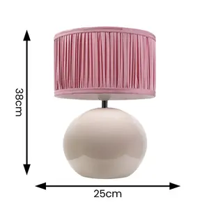 ValueLights Bosco Stone Ceramic Table Lamp with Ruched Pleated Blush Pink Fabric Drum Lamp Shade and LED Bulb