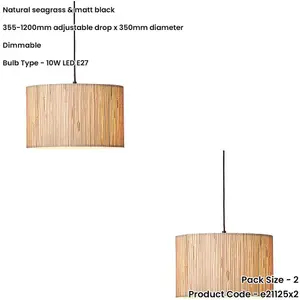 2 PACK Hanging Ceiling Pendant Light - Natural Seagrass & Matt Black - 10W LED E27