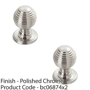 2 PACK - Reeded Ball Door Knob - 28mm Polished Chrome Lined Cupboard Pull Handle & Rose