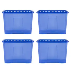 Wham Crystal 4x 80L Plastic Storage Boxes with Lids. Large Size, Strong. Made in the UK Tint Spectrum Blue